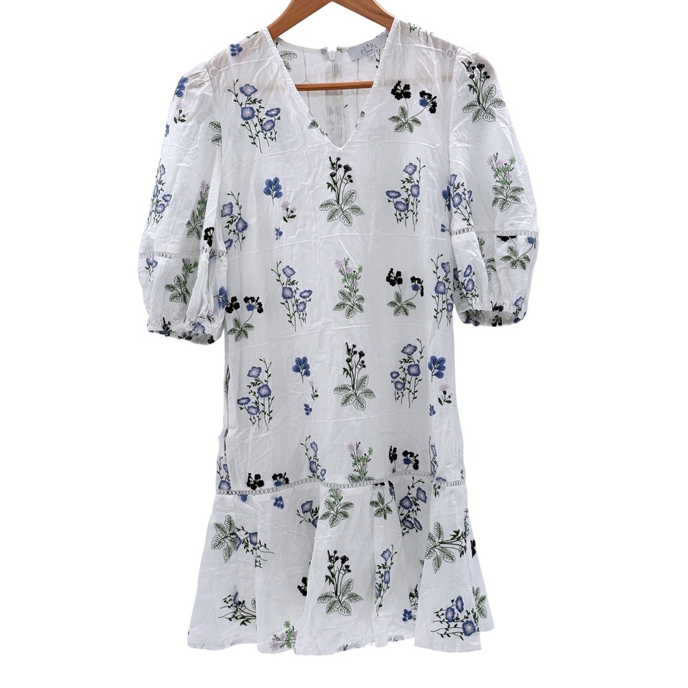 Pearl by Lela Rose Dress Women XS White Floral Embroider Puff Sleeve Cottagecore